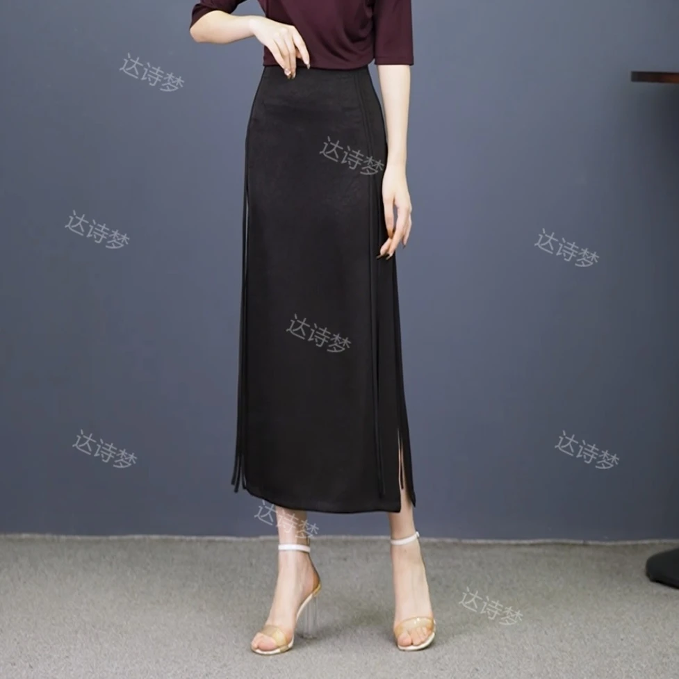早春款开叉中长款半身裙女夏2025新款高腰显瘦一步包臀黑色长裙
