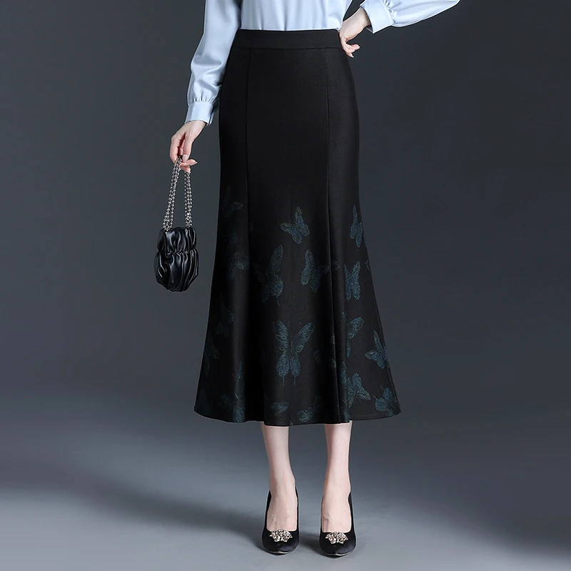 鱼尾裙女春秋季新款复古印花半身裙高腰显瘦中长款包臀裙