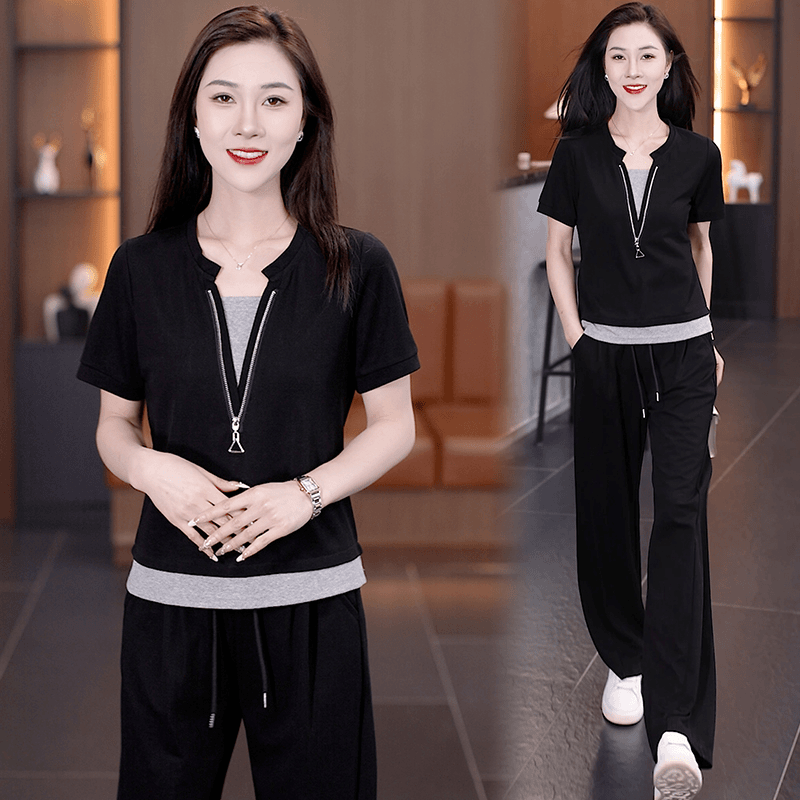 【短袖休闲套装】2024夏季新款减龄遮肉显瘦时尚百搭洋气两件套女
