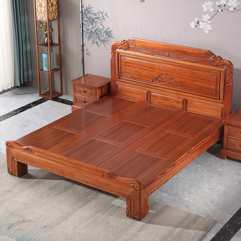金花li木实木床1.8m双人大床中式雕花菠萝格木主卧仿古红木家具