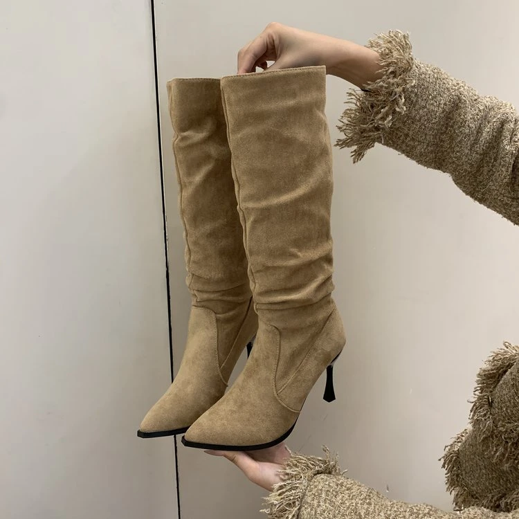 高跟尖头绒面堆堆长靴女鞋秋冬季加绒瘦瘦长筒骑士靴子套筒细跟8