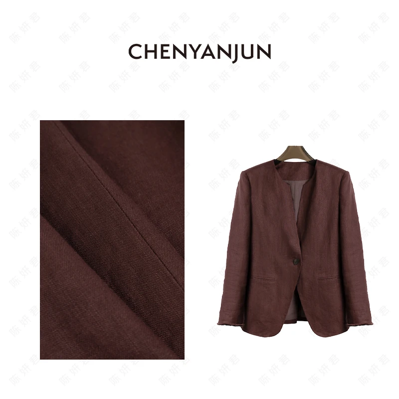 陈妍君CHENYANJUN亚麻圆领毛边袖口松弛感极简西装CYJ-WWO74-W251
