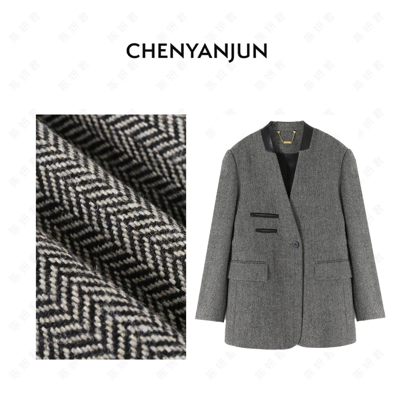 陈妍君【极简风人字纹羊毛拼皮西服】CYJ01-JJ266-220