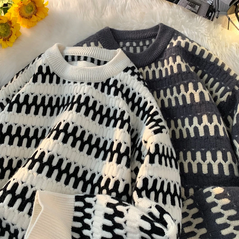 vintage秋冬复古条纹毛衣高级感日系慵懒INS风加厚重磅套头针织衫