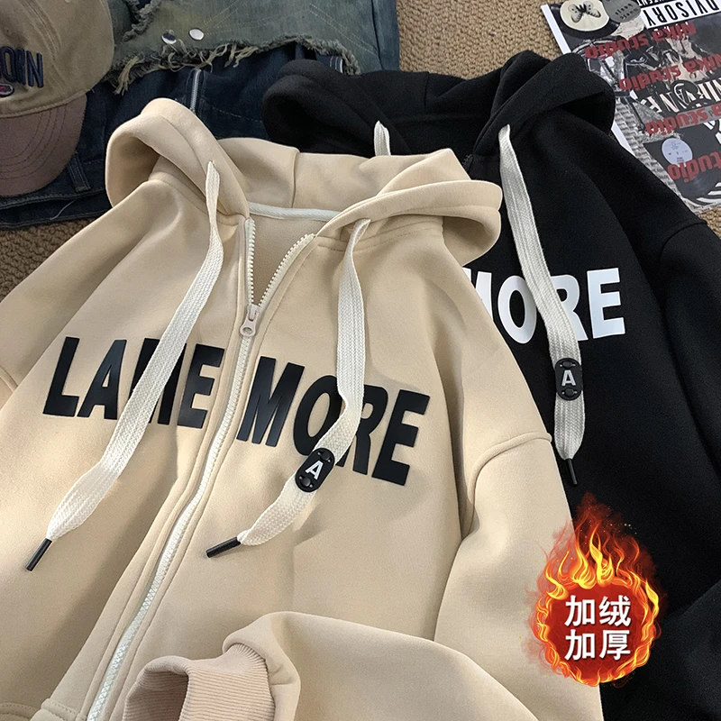冬季加绒加厚美式卫衣潮牌男女同款字母胶印宽松百搭连帽开衫外套