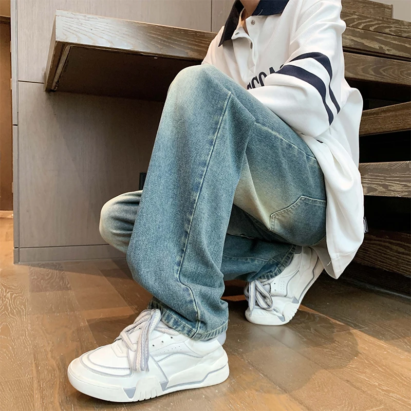 美式vibe高街水洗蓝做旧牛仔裤男直筒宽松潮牌大码欧美复古老爹裤