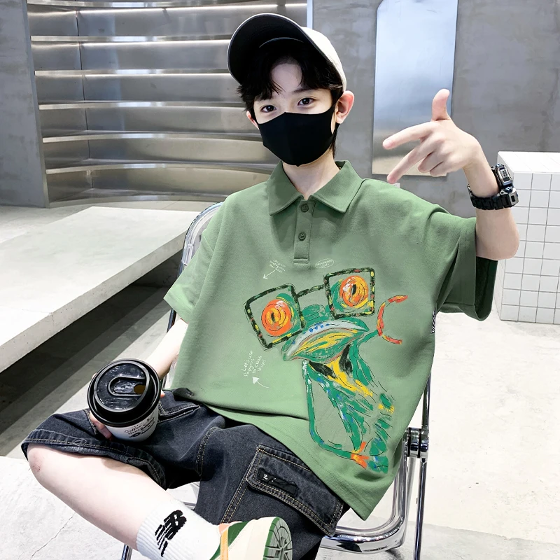 男童卡通印花短袖POLO衫夏季2025新款儿童休闲百搭翻领T恤中大童