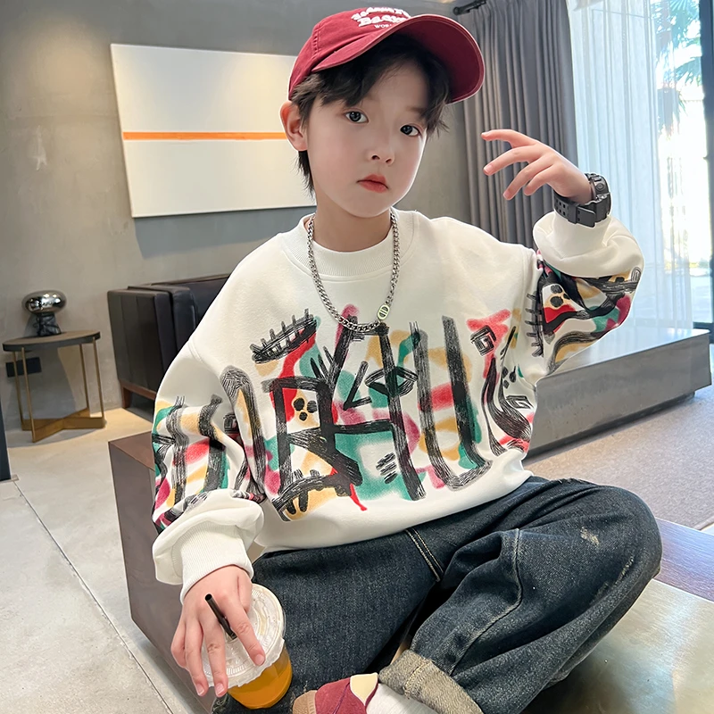 男童涂鸦字母卫衣春秋款2025新款儿童洋气百搭长袖打底衫中大童15