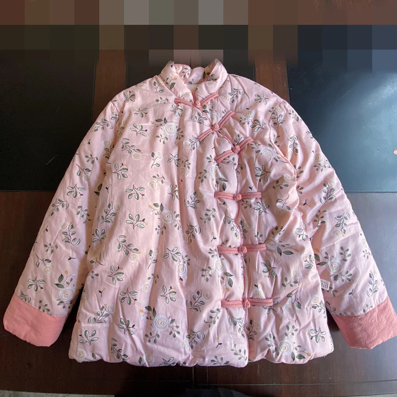 2024冬季女士纯棉碎花棉花袄加厚保暖中国风复古盘扣棉衣斜襟棉袄