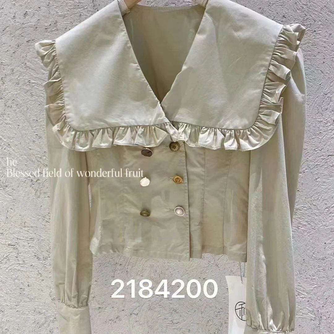 秋季新款he家娃娃领拼接木耳边长袖衬衫