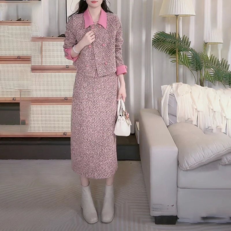 法式高级感粉色加厚小香风套装女秋冬新款时尚气质上衣显瘦半身裙