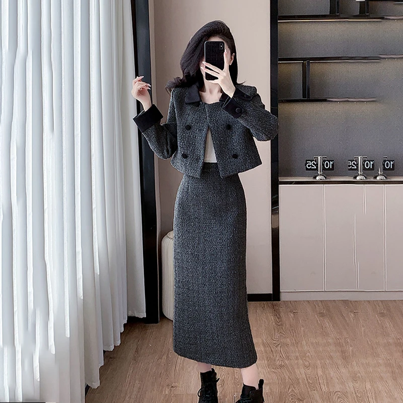 法式高级感时尚小香风套装女春秋新款气质外套高腰显瘦半身裙