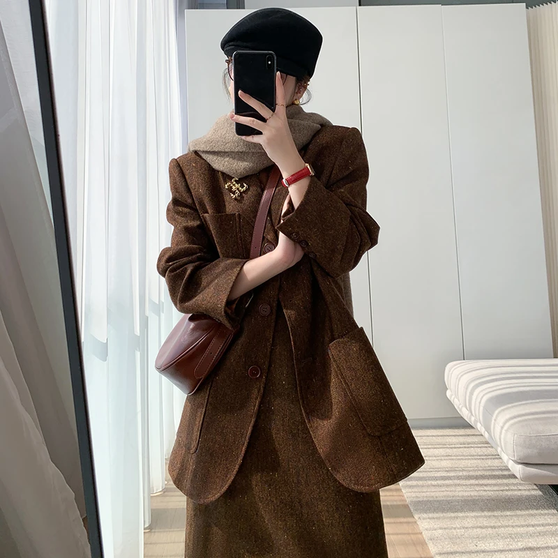 羊毛呢子西装套装女2023冬季新款时尚气质花色半裙毛呢两件套