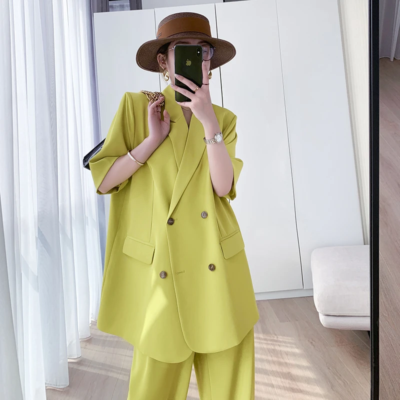 薄款短袖西装外套女2023夏季新款爆款透气气质垂感阔腿裤洋气套装