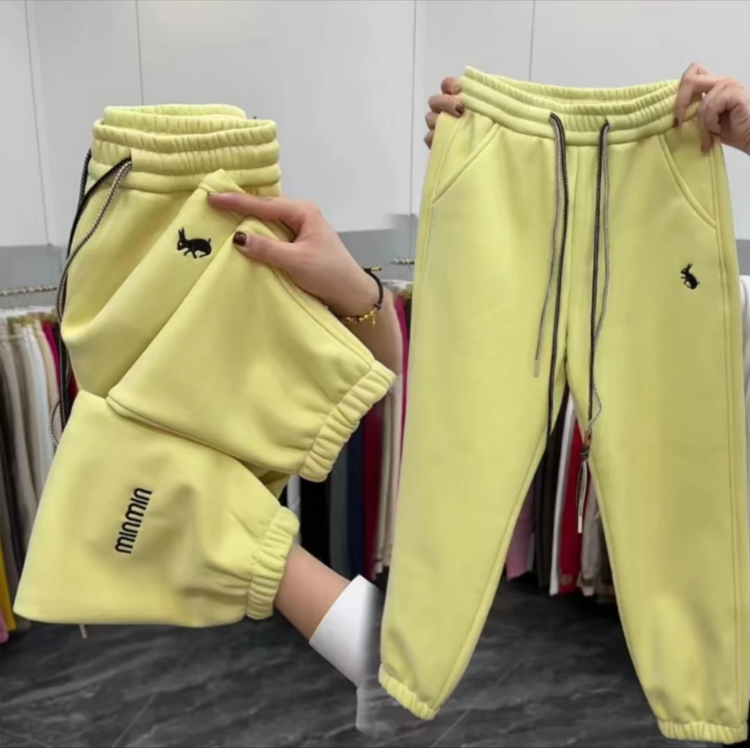 新款小个子洋气百搭女休闲卫裤2025春秋新款加厚高腰束脚弹力保暖