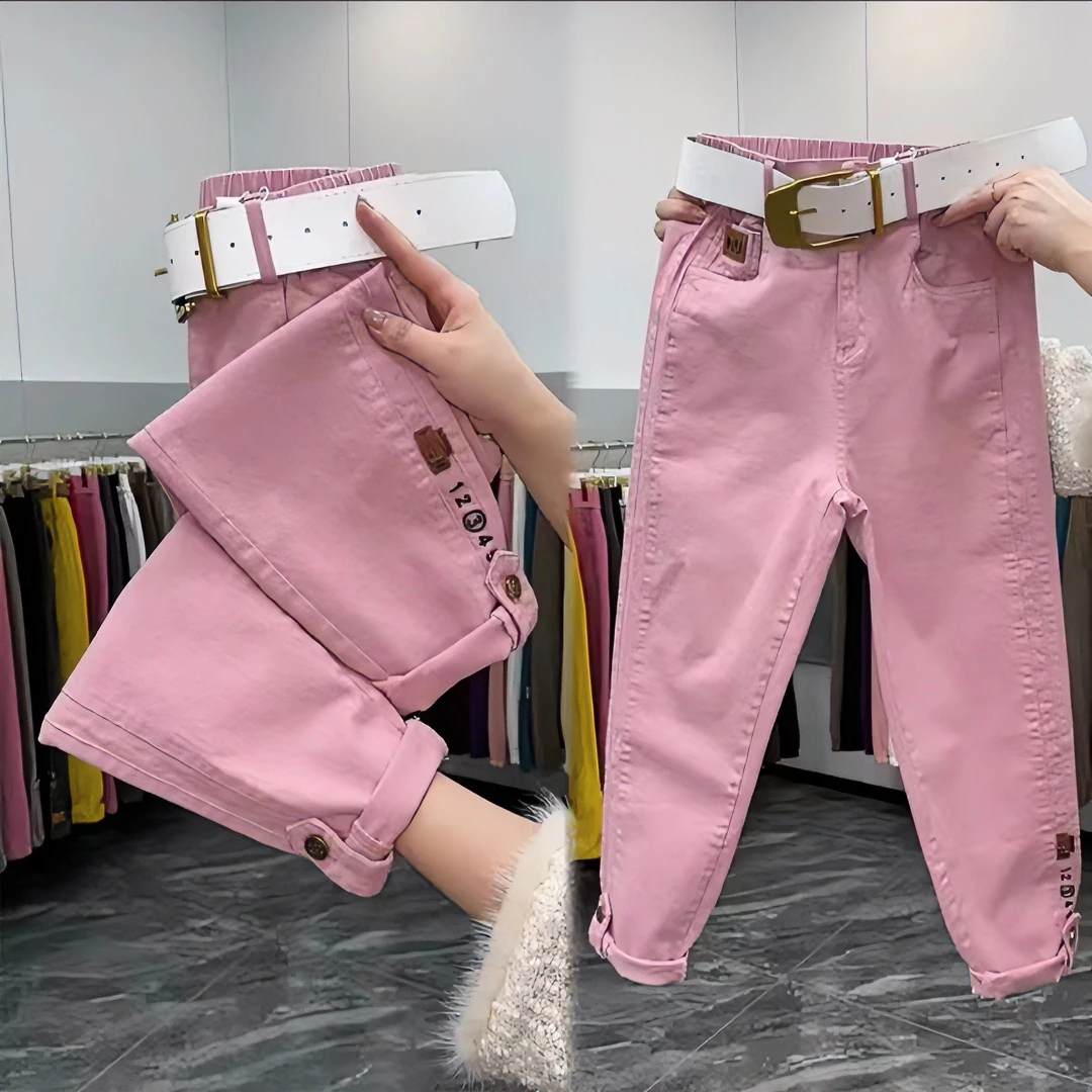 粉色牛仔裤女春秋新款哈伦高腰宽松显瘦百搭弹力时尚休闲九分萝卜