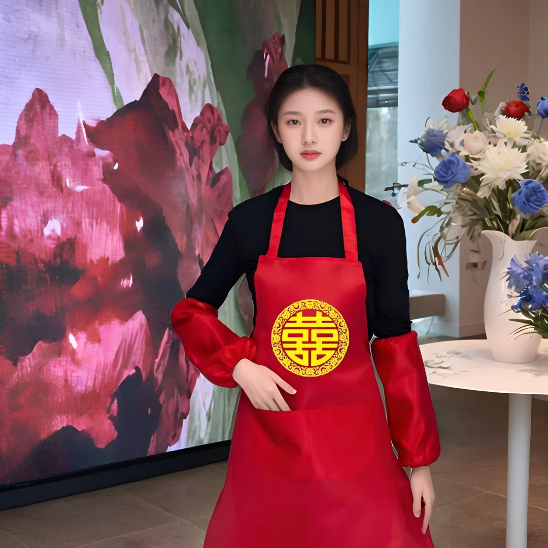 红色喜事围裙结婚喜庆婚庆婚宴乔迁寿宴生日围腰定制喜婆婆二件套