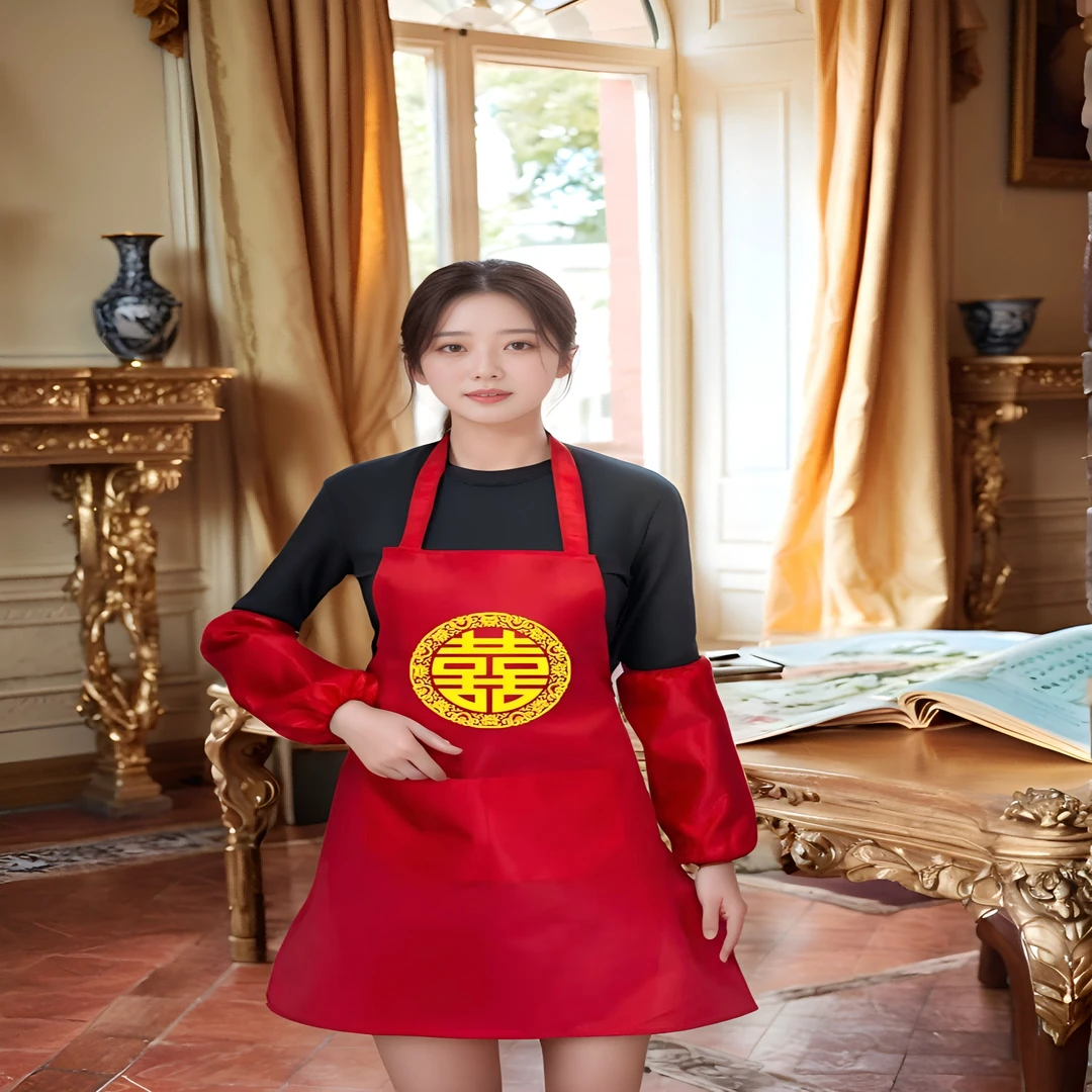 套袖围巾婚庆套装喜庆创意三件套印字婚宴大红色两件套洋气围裙