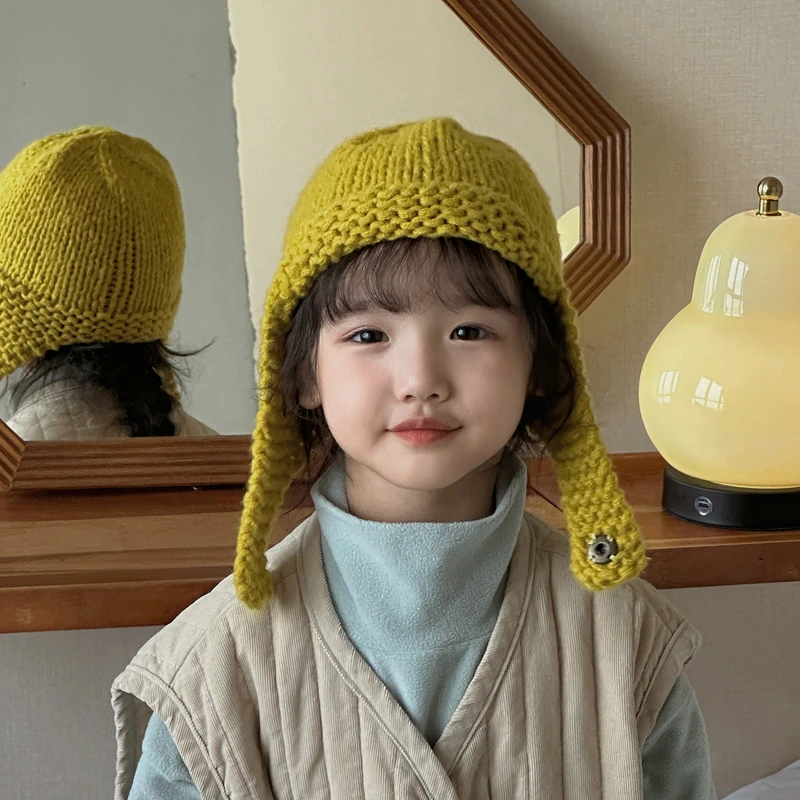 儿童帽子秋冬款纯色百搭针织护耳帽冬天韩版加厚保暖可爱套头帽潮