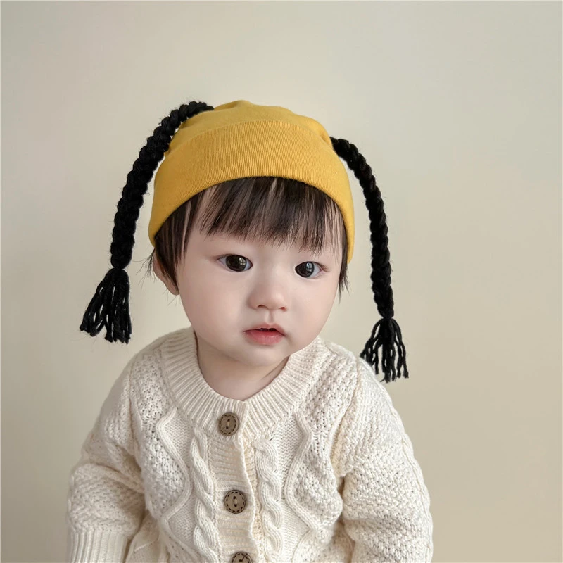 婴儿帽子春秋季新生儿胎帽男女宝宝卤门帽秋冬小月龄假发辫子0-1
