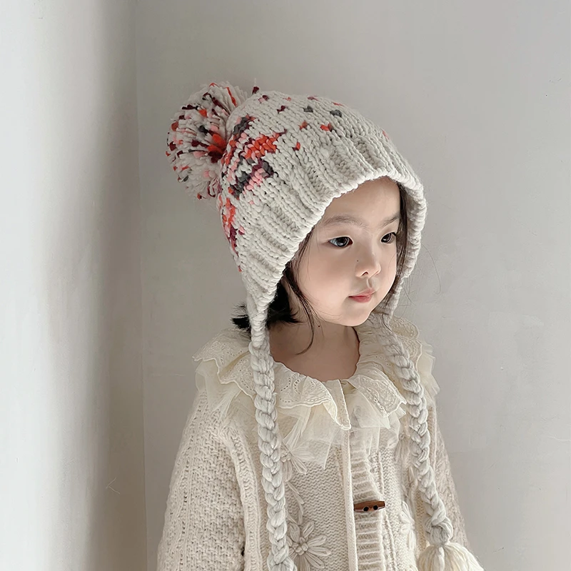 韩版儿童帽子秋冬女童毛线帽针织彩色毛球宝宝护耳帽男童保暖冬季