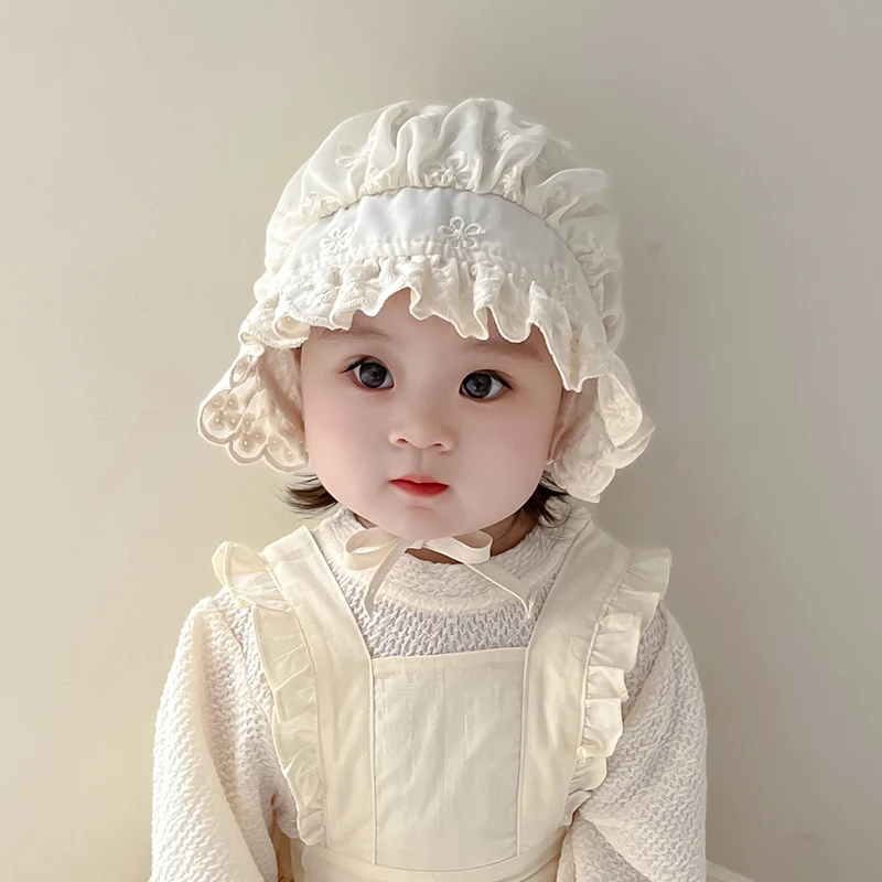 婴儿帽子春秋新款甜美公主花边宫廷帽洋气薄款双层女宝宝护耳帽潮