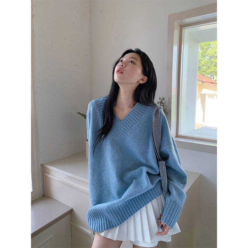 【清清】盐系少女 慵懒风软糯v领套头毛衣女秋冬百搭上衣