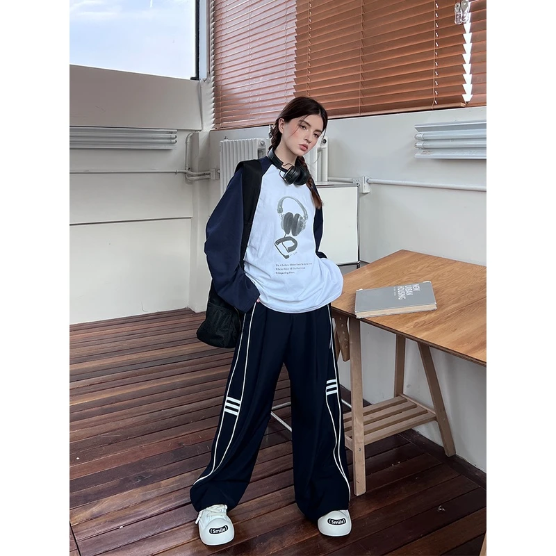 【清清】休闲百搭西裤女垂坠感条纹直筒阔腿裤宽松长裤