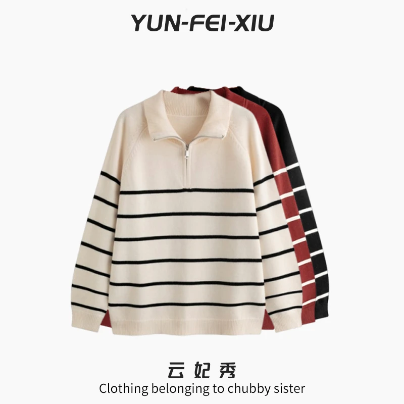 云妃秀大码女装针织衫时尚休闲胖mm宽松翻领半开胸条纹秋季22676