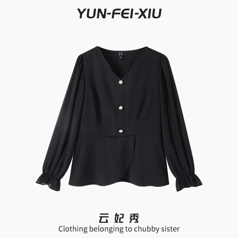 云妃秀大码女装雪纺衫时尚休闲胖mm宽松显瘦纯色百搭秋季6255