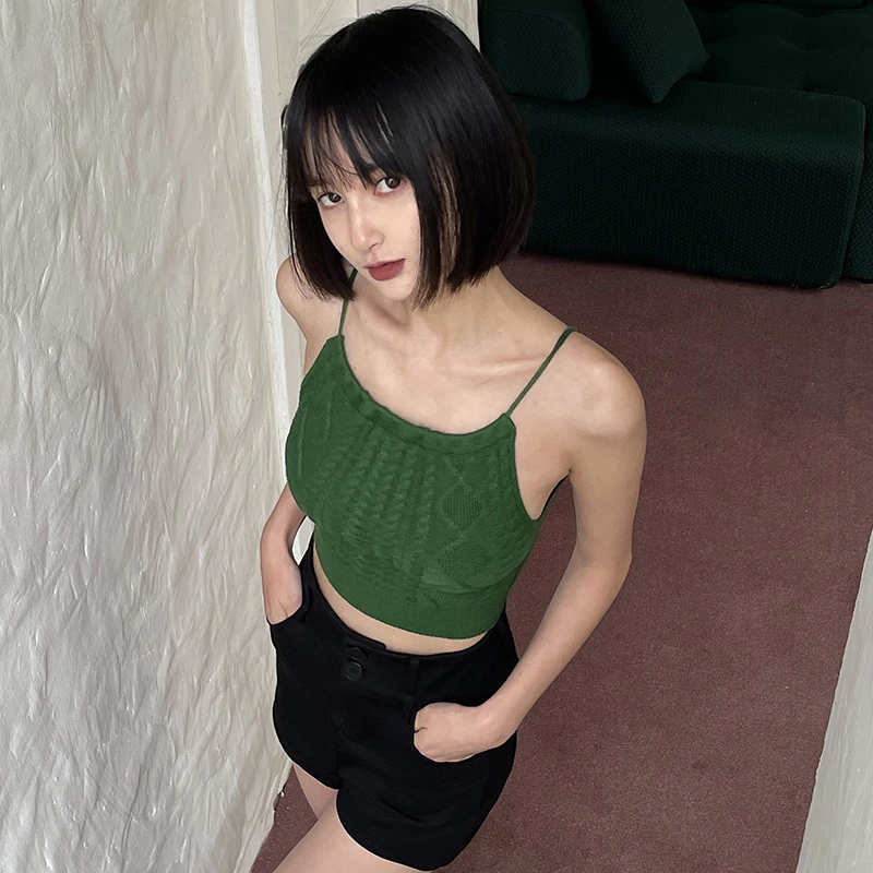 夏季新款甜酷辣妹绿色麻花针织吊带小背心女内搭外穿露背挂脖上衣