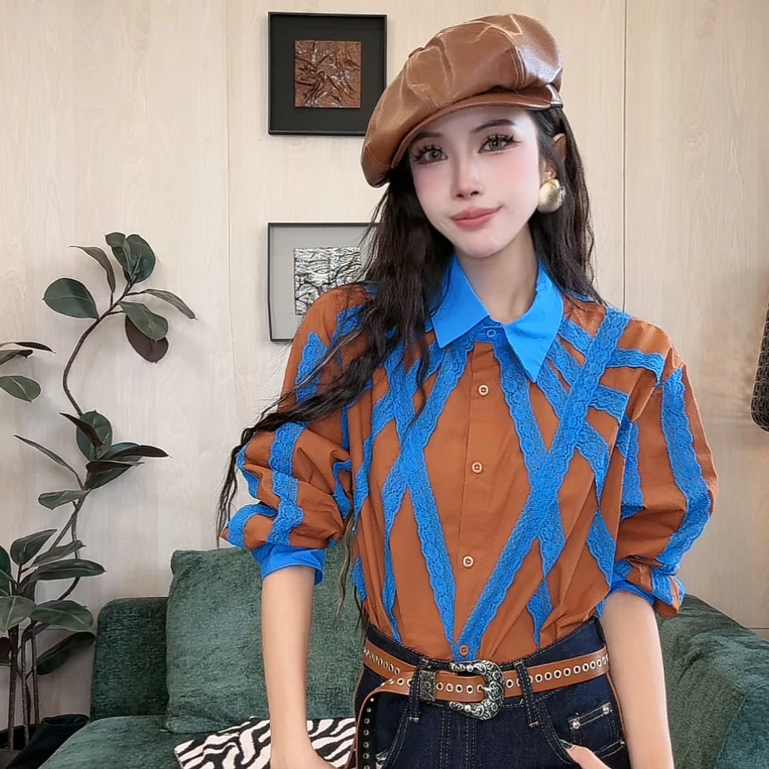 新款时尚百搭小众 翻领衬衣长袖气质拼色衬衫686-30860671