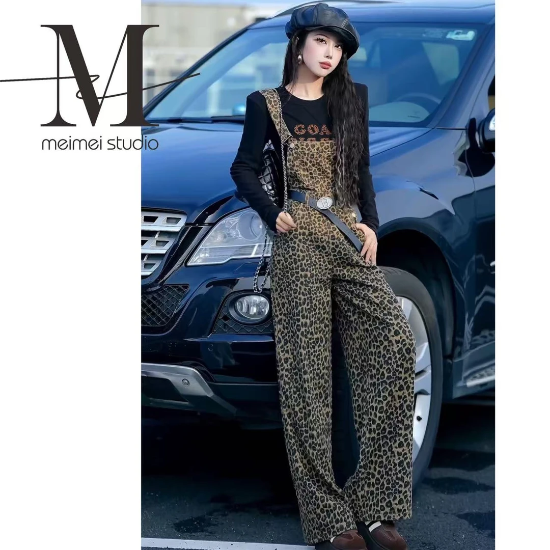 直筒新款宽松设计感秋季百搭豹纹背带牛仔裤548-31061295