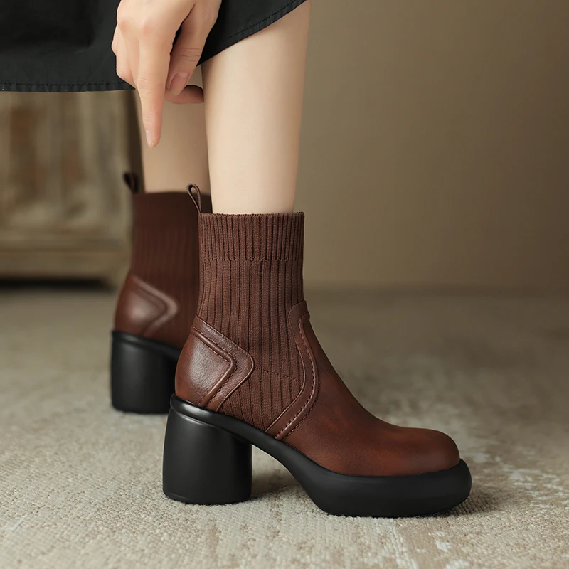 7cm粗跟时尚百搭复古棕色短靴高跟秋冬瘦瘦靴显瘦英伦风袜靴女40