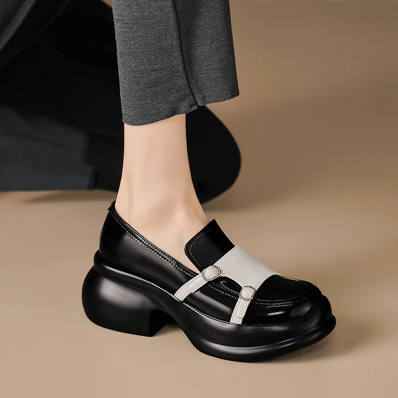 黑色厚底乐福鞋英伦风拼色复古真皮法式小个子单鞋百搭高跟松糕鞋