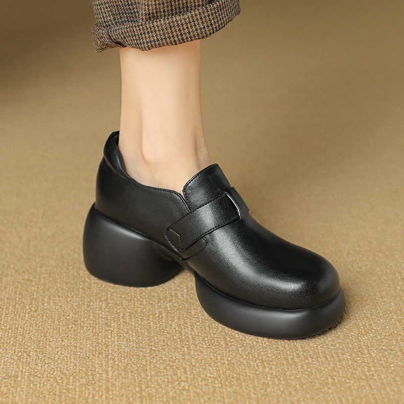 6.5cm厚底乐福鞋百搭粗跟真皮复古英伦风小皮鞋高跟圆头女士单鞋