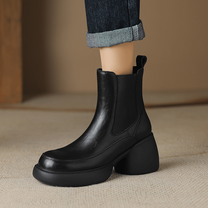 8cm粗跟厚底短靴英伦风小个子增高百搭黑色秋冬瘦瘦靴圆头时尚女