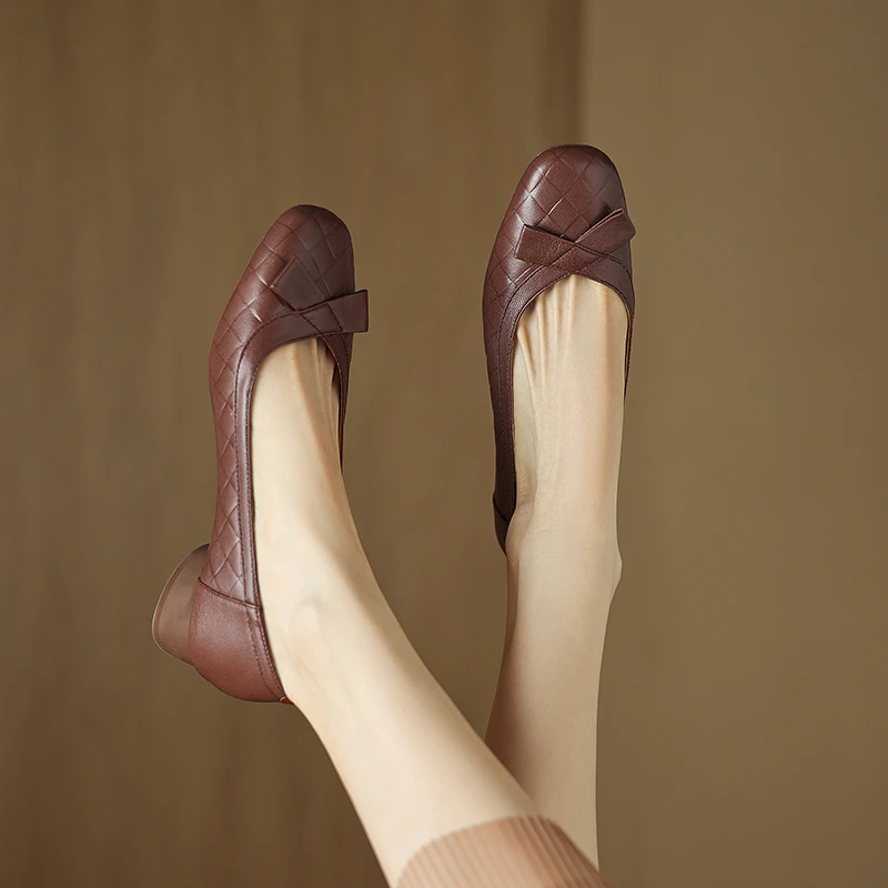 3cm舒适百搭真皮复古法式粗跟方头浅口中跟玛丽珍圆头单鞋软底