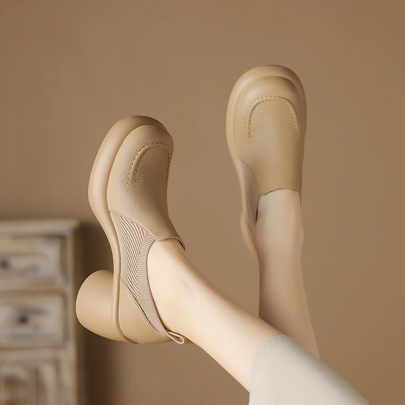 7cm百搭复古粗跟英伦风高跟圆头厚底小皮鞋时尚高跟舒适真皮单鞋