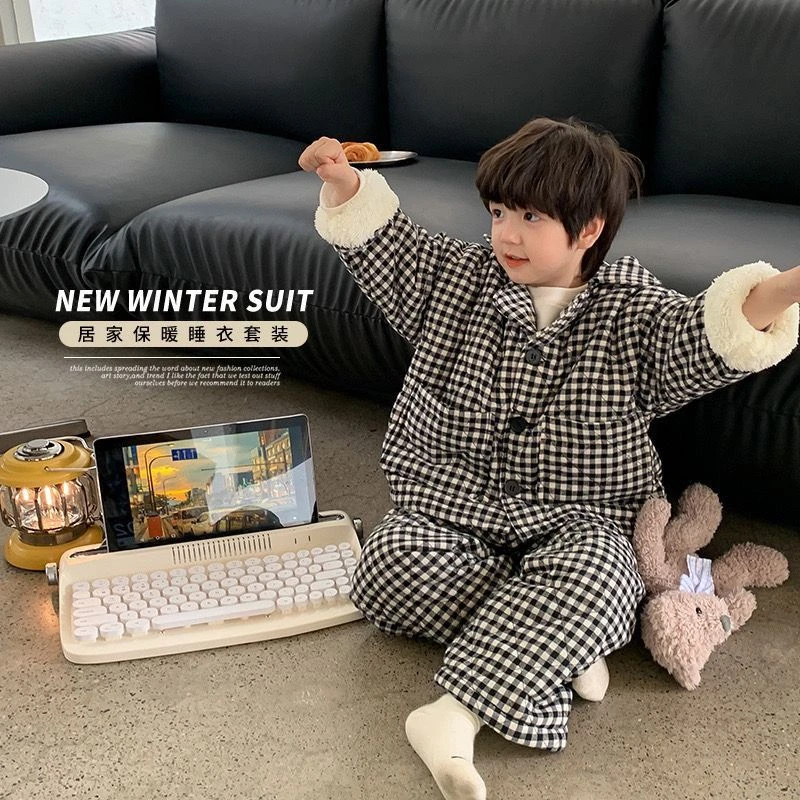 童装潮款Y儿童加绒加厚冬款家居服韩版宽松男女童保暖格子夹睡衣