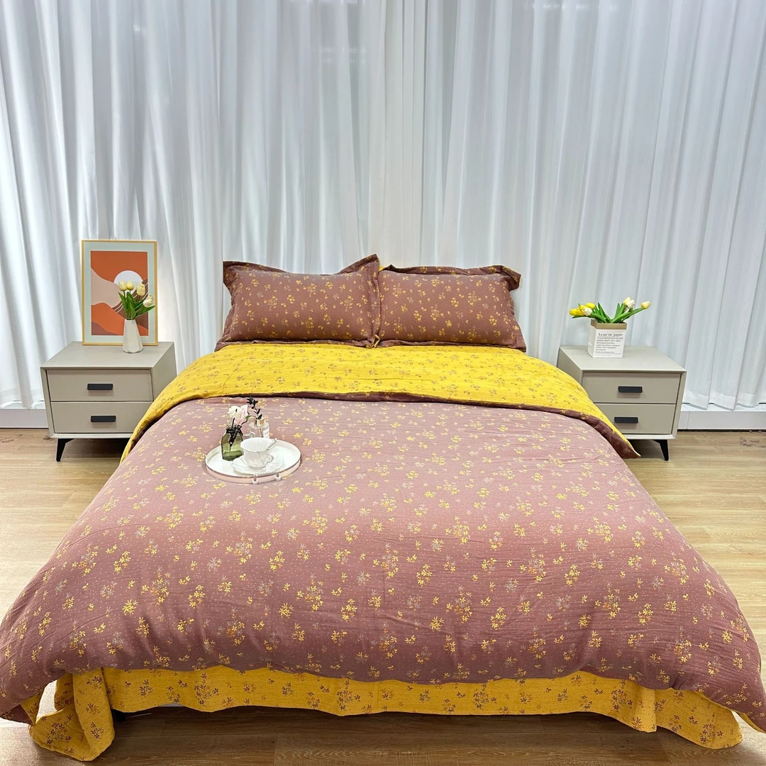 【栗子家】花野四件套！全棉A类色织提花双层纱四件套双面