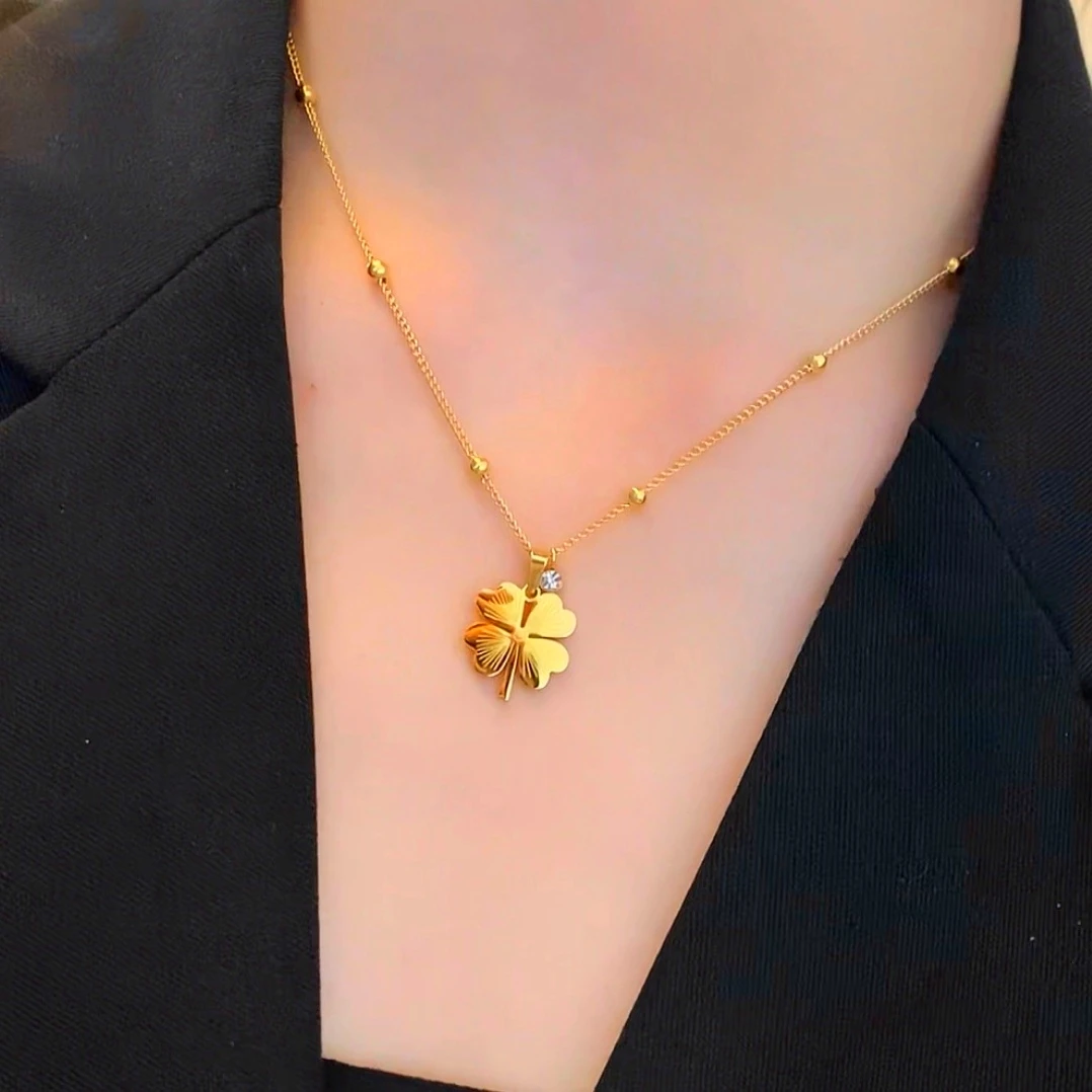 钛钢项链 四叶幸运草项链女款珠珠链百搭时尚轻奢爱心吊坠不掉色