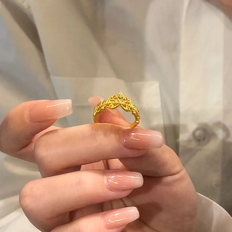 钛钢戒指 复古不掉色公主皇冠戒指女古法传承精致食戒宫延可调节