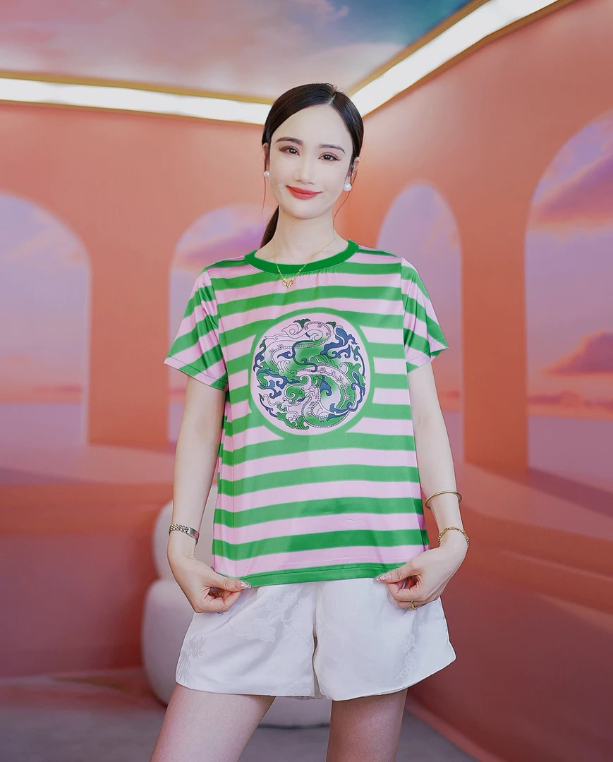 【真丝】‘’条纹龙‘’桑蚕丝上衣 印花短袖轻奢休闲T恤女春夏新款