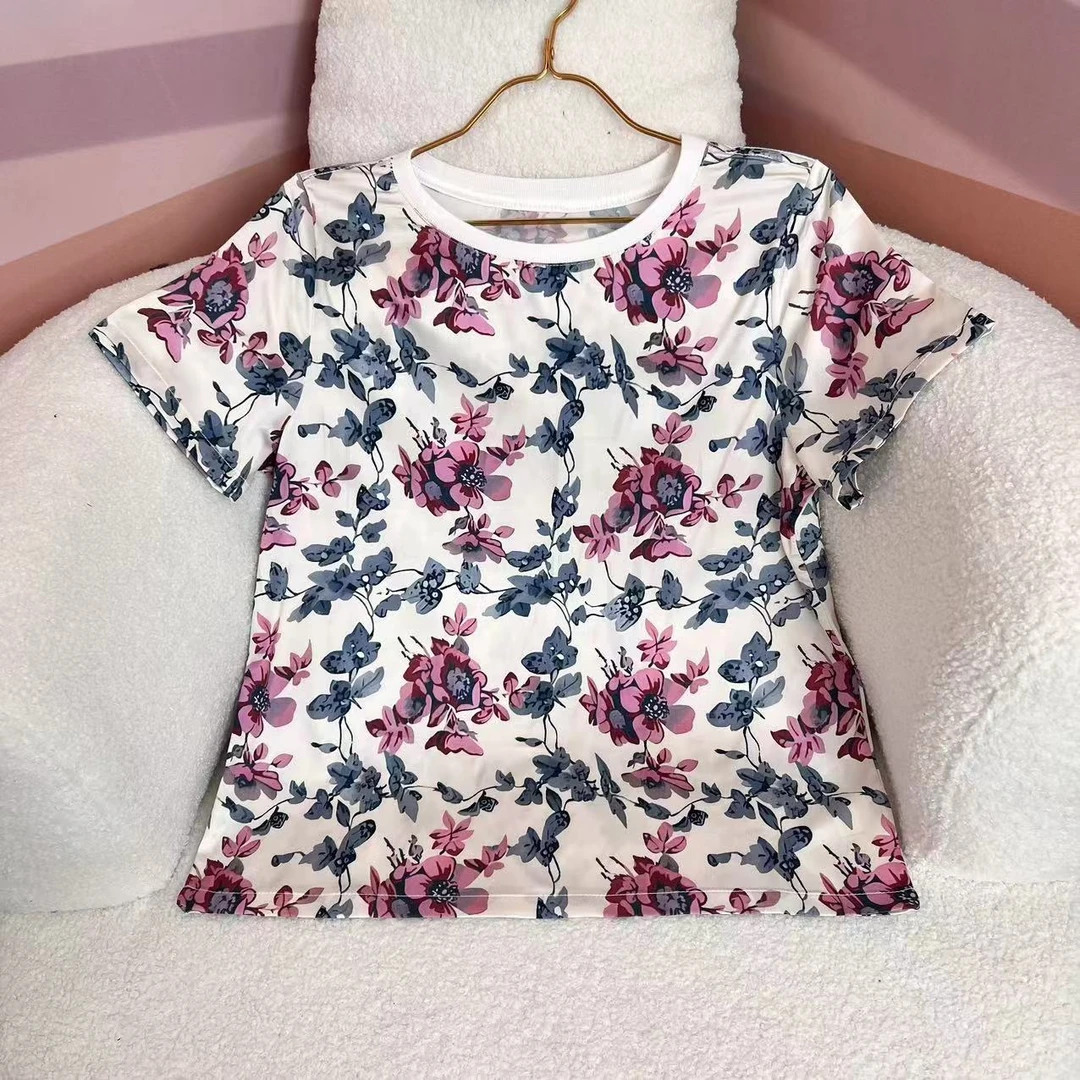 ‘’格子花‘’桑蚕丝上衣 欧美走秀款图案印花短袖休闲T恤女士