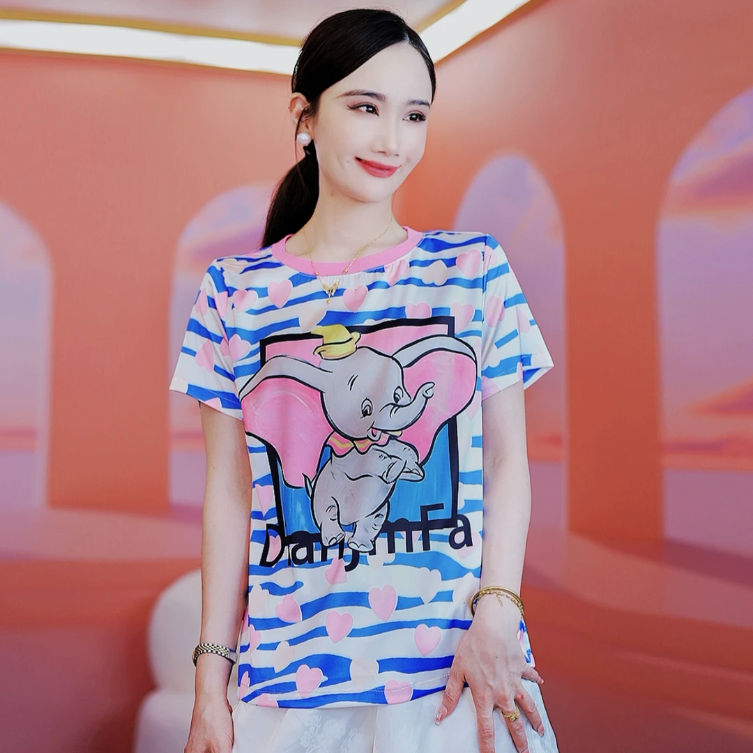 【真丝清仓】‘’小飞象‘’桑蚕丝上衣 卡通定位印花休闲短袖T恤春新款