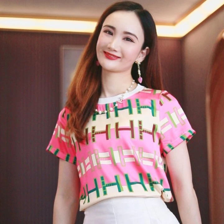 清仓款"夏日甜心"桑蚕丝上衣H字母印花甜美减龄短袖T恤女夏季