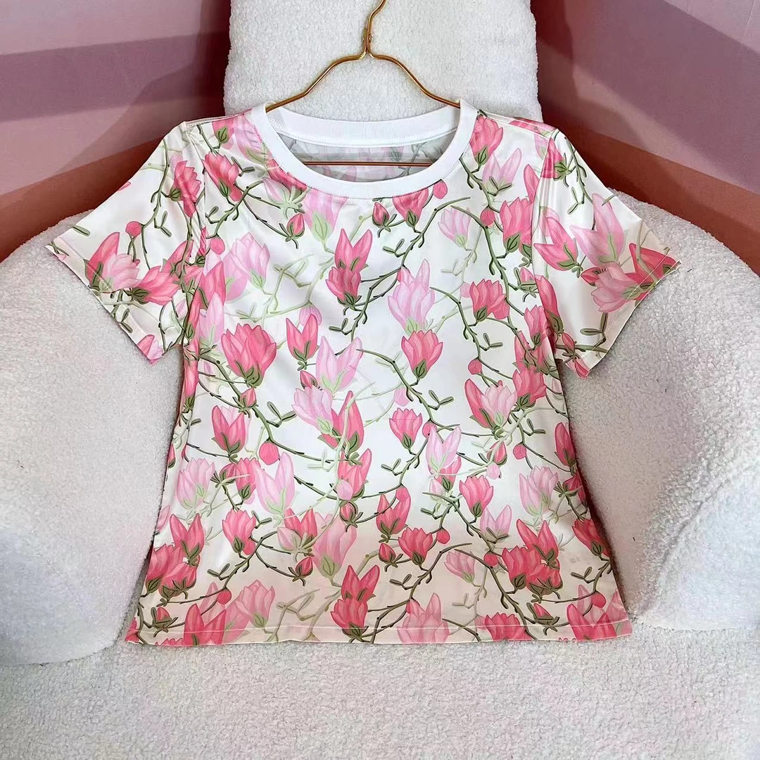 【真丝】‘’玉兰花‘’桑蚕丝上衣 甜美印花短袖轻奢休闲T恤女春夏新款