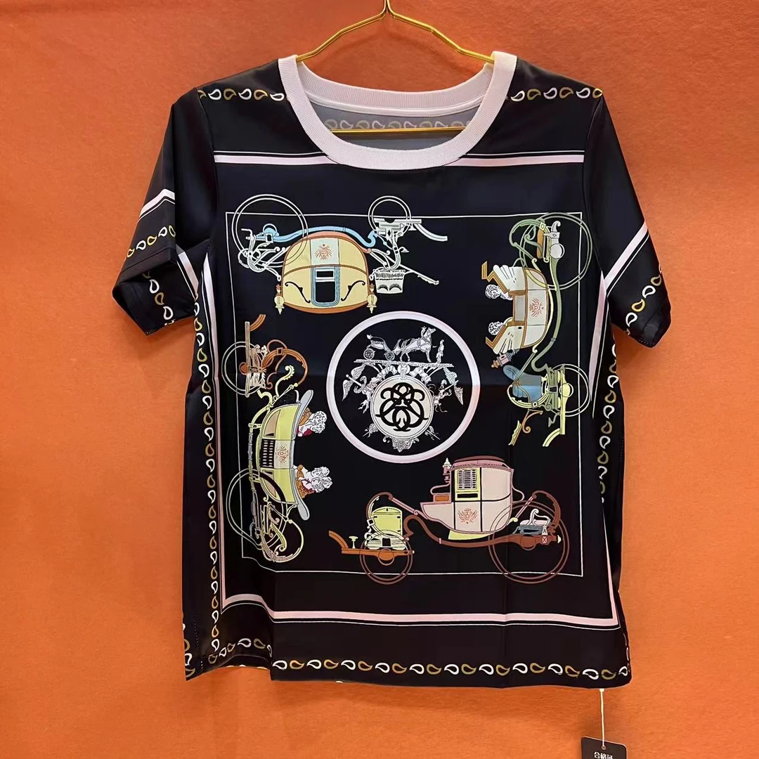 【真丝清仓】‘’英伦马车‘’桑蚕丝上衣欧货大牌印花短袖轻奢休闲T