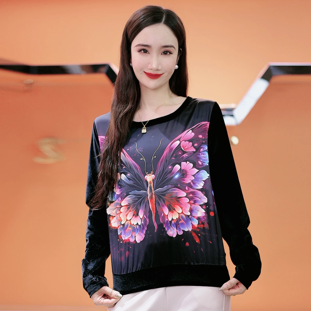 ‘’暗夜蝴蝶‘’桑蚕丝印花上衣真丝拼真丝绒长袖打底衫卫衣女2024秋